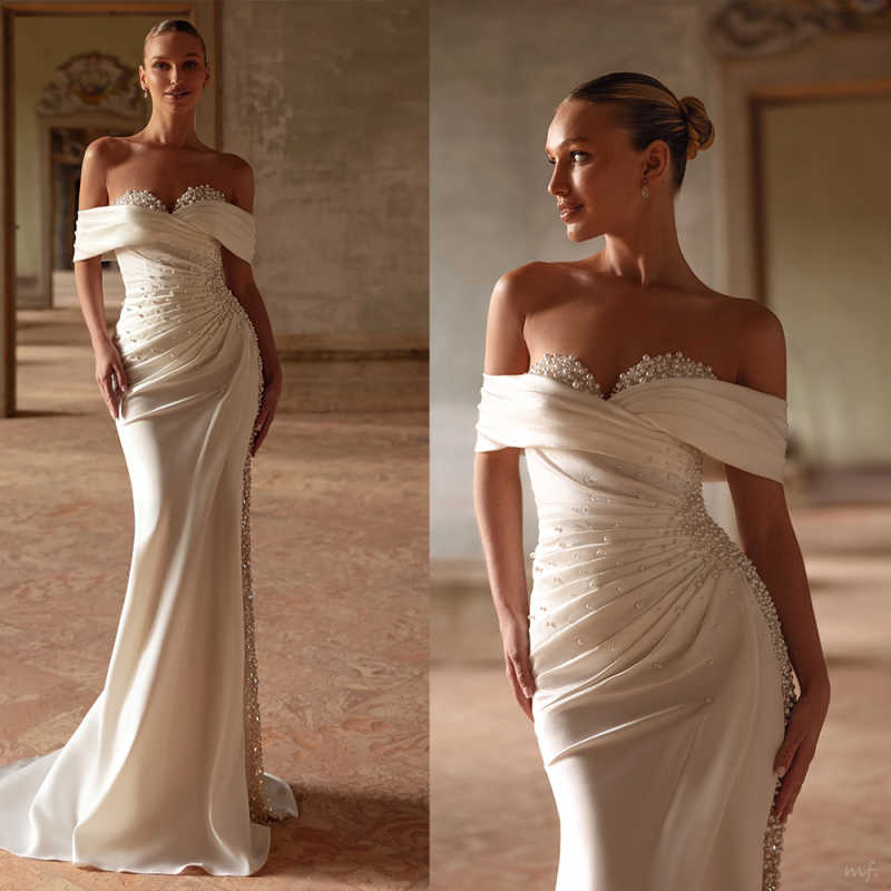 Vintage Mermaid Wedding Dresses Off Shoulder Luxury Pearls Bridal Gowns Shiny Sequins Long Train Customized Vestidos De novia