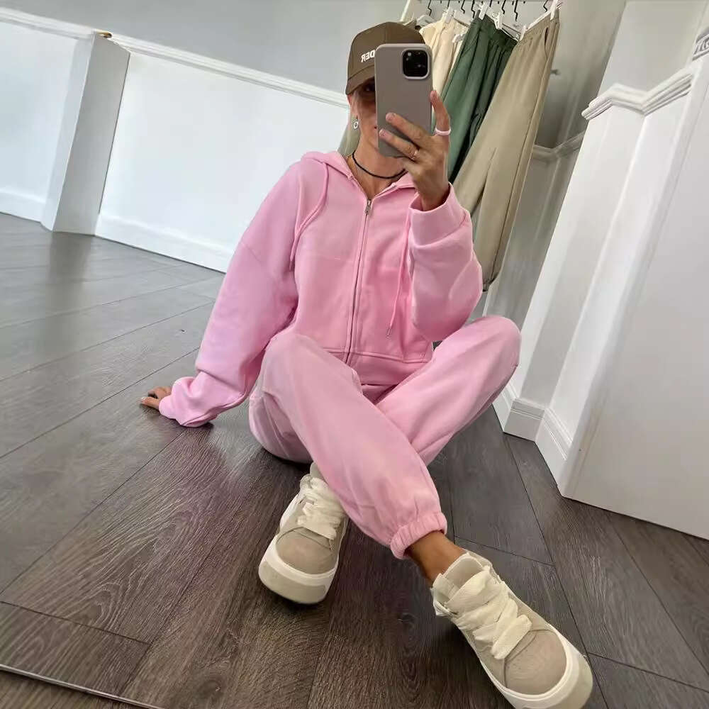 Casual Women's Solid Color Long Sleeve Zipper Hoodie Elastic Waistband Pants Two-Piece Set