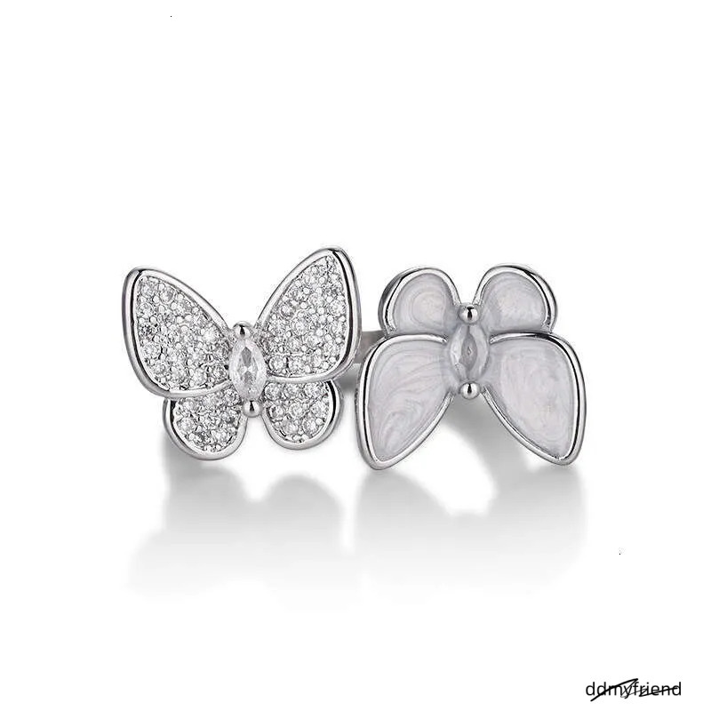Open Adjustable Ring With Double Butterfly Design - Mother Of Pearl & Rhinestone Elegant Women's Jewelry Ddmyfriend