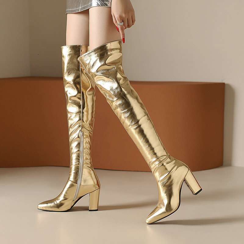 Golden Siery Glossy Cover Long Boots Tube Model Show Competition Thick High Heel Catwalk Women's Shoes