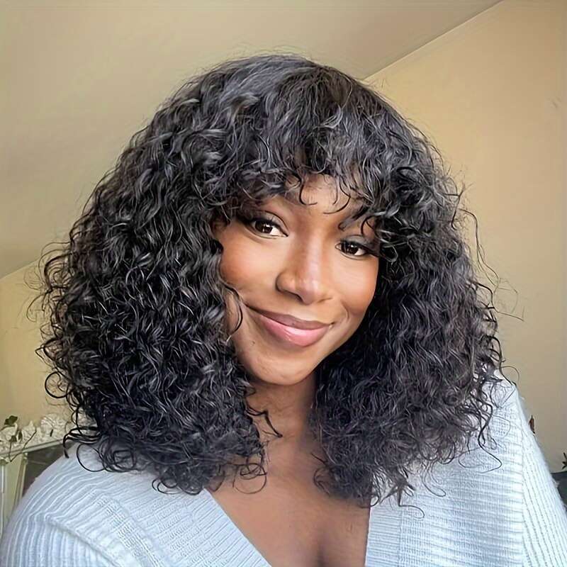 Short Bob With Bangs None Lace Front For Women 180% Density Kinky Curly Fringe Bang Wig Human hine Made Brazilian Unprocessed Virgin Hair Wigs Natural