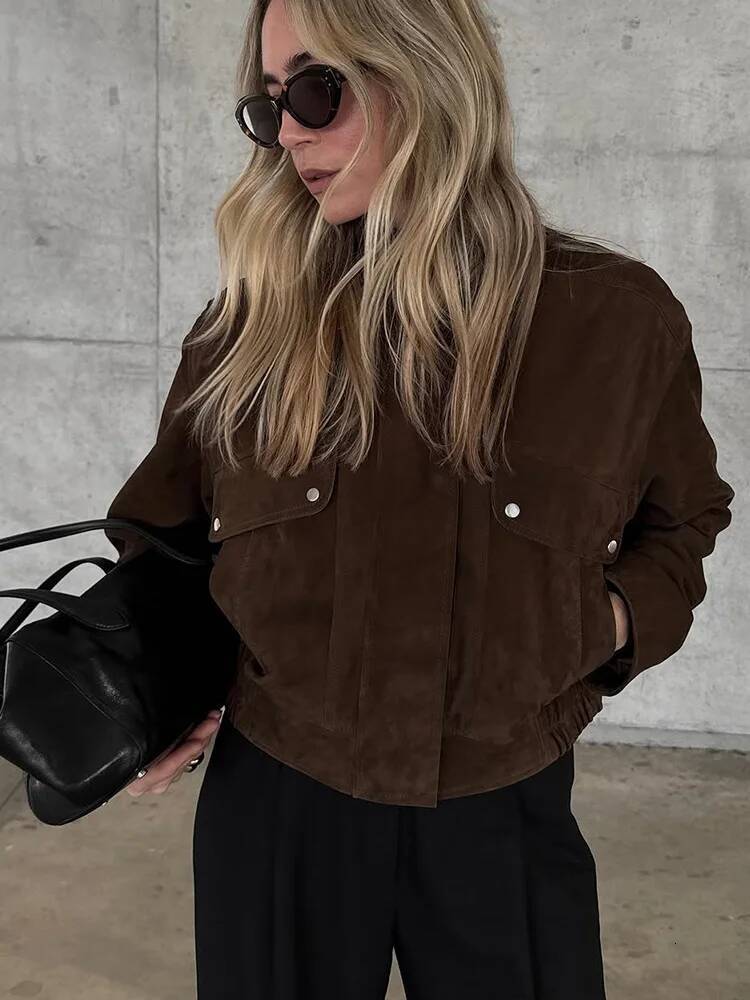 Vintage Brown Women's Suede Jacket Women Zipper Long Sleeve Pocket Loose Short Bomber Coat 2025 Spring Lady High Street Outwear dongdumaoyi