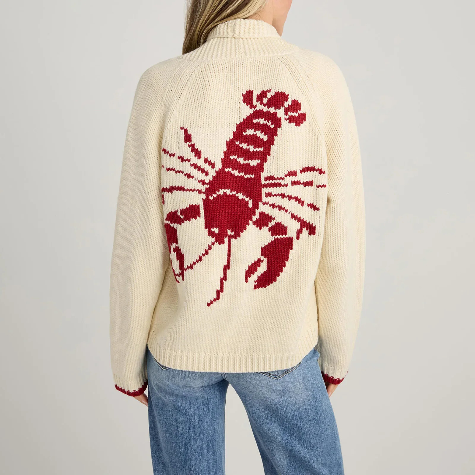Women Knit Cardigan Sweater Coat Autumn Winter Long Sleeve V Neck Lobster Print Button Down Top Knitwear Female Outerwear Jacket 251013