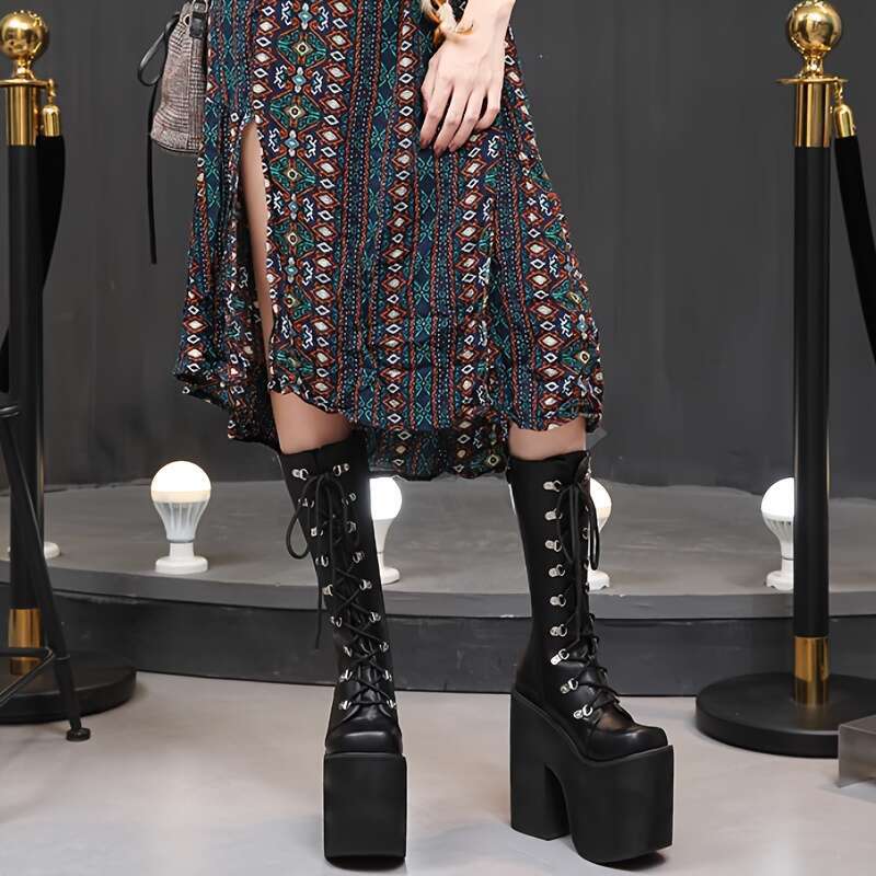 Women's Y2k Chunky Platform With Side Zipper Lace-Up Detail - Black Square Toe PU Cover High Heel Boots For Casual & Formal Wear, All-Season Comf
