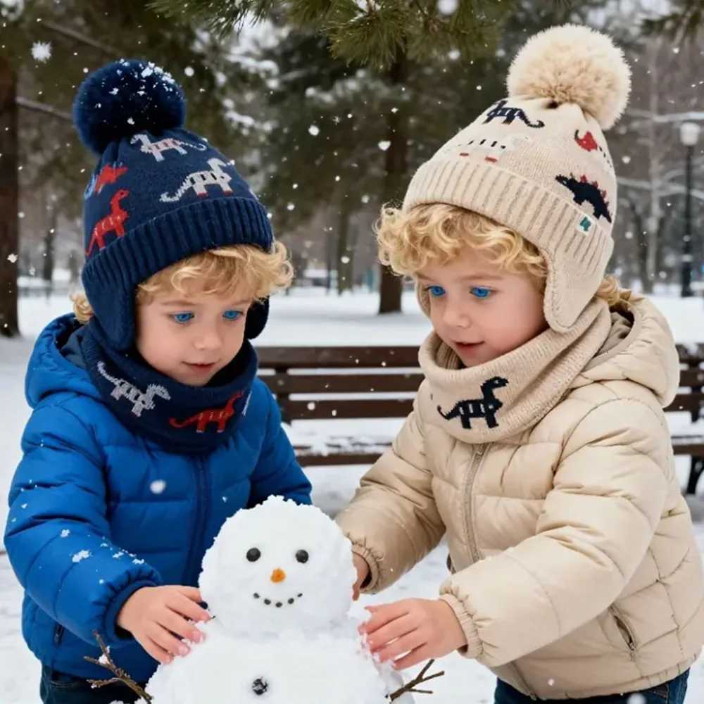 2pcs Winter Kids Dinosaur Hat and Scarf Set 2pcs FleeceLined Warm Cartoon Cute Thickened Hat and Scarf 2pcs for OutdoorL251024