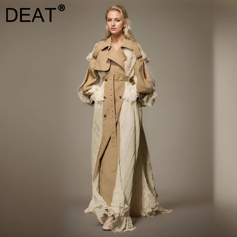DEAT Fashion Lace Patchwork Trench Coat Womens Lapel Loose Double Breasted Sashes Xlong Windbreaker Spring 251021