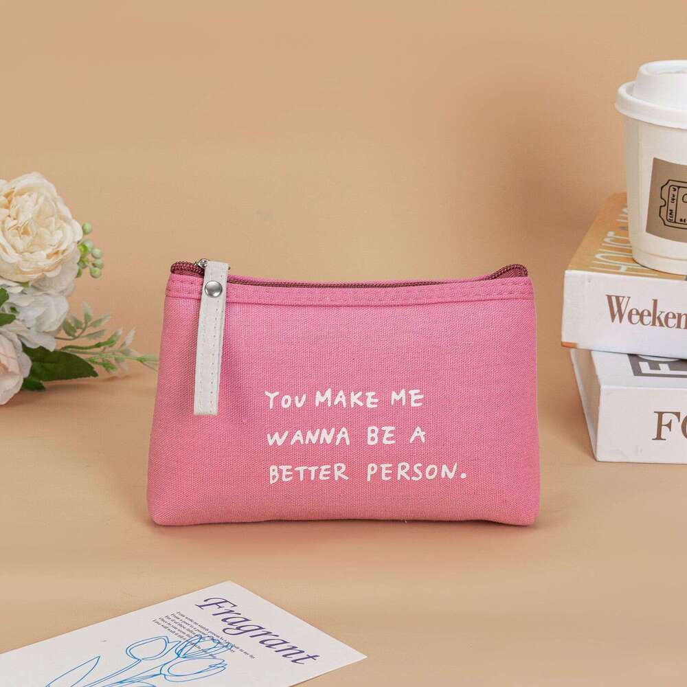 Solid Color Letter Canvas Makeup Bag Multifunctional Fabric Zipper Clutch Student Coin ID Phone Pouch