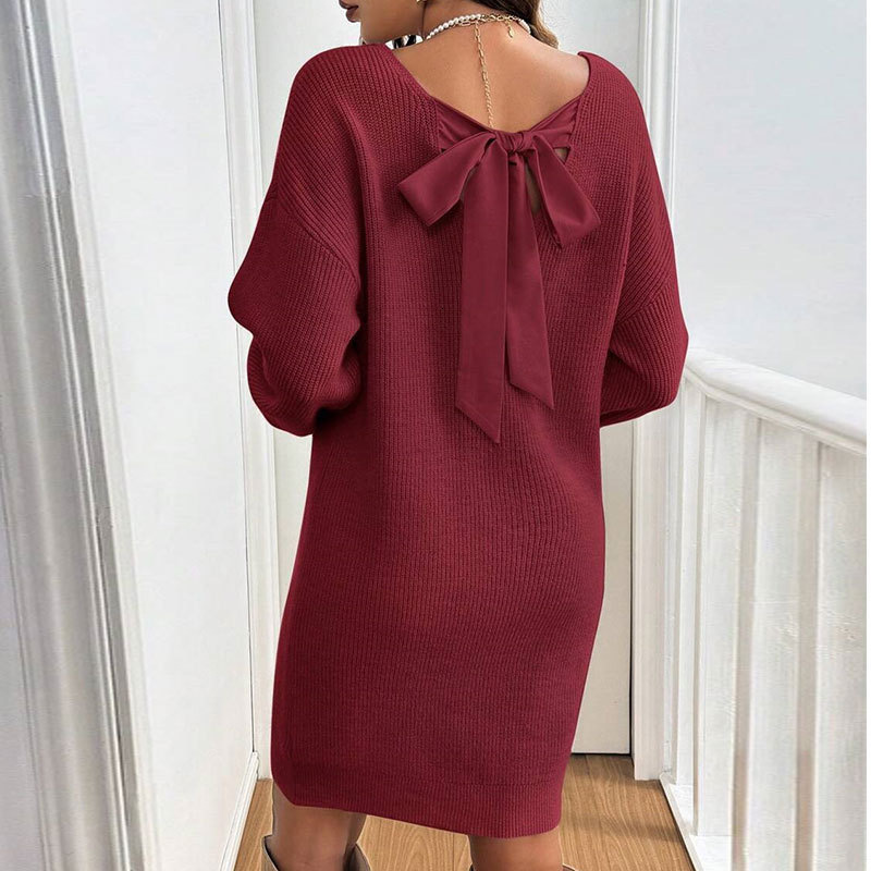 European and American autumn and winter new designer loose knit V-neck bow long sleeved multifunctional pullover women's dress