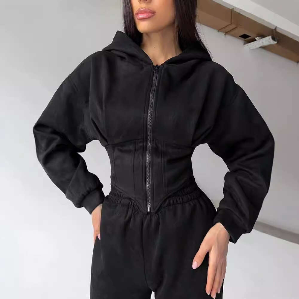 Wind Autumn Winter Women's Solid Color Waist Hoodie Sweatshirt Sports Casual Pants Two-Piece Set for Women