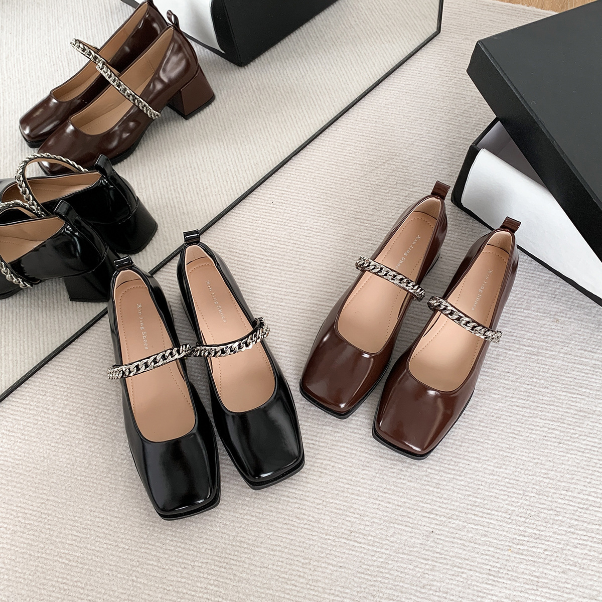 T8-5 French Patent Leather Mary Jane with Metal Chain, Chunky Heel, Square Toe, Mid Heel Women's Shoes ddmythur
