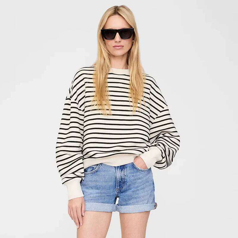 White Black Stripes Long Sleeve O-Neck Sweatshirt Women Autumn Winter New Casual Sweatshirt Female