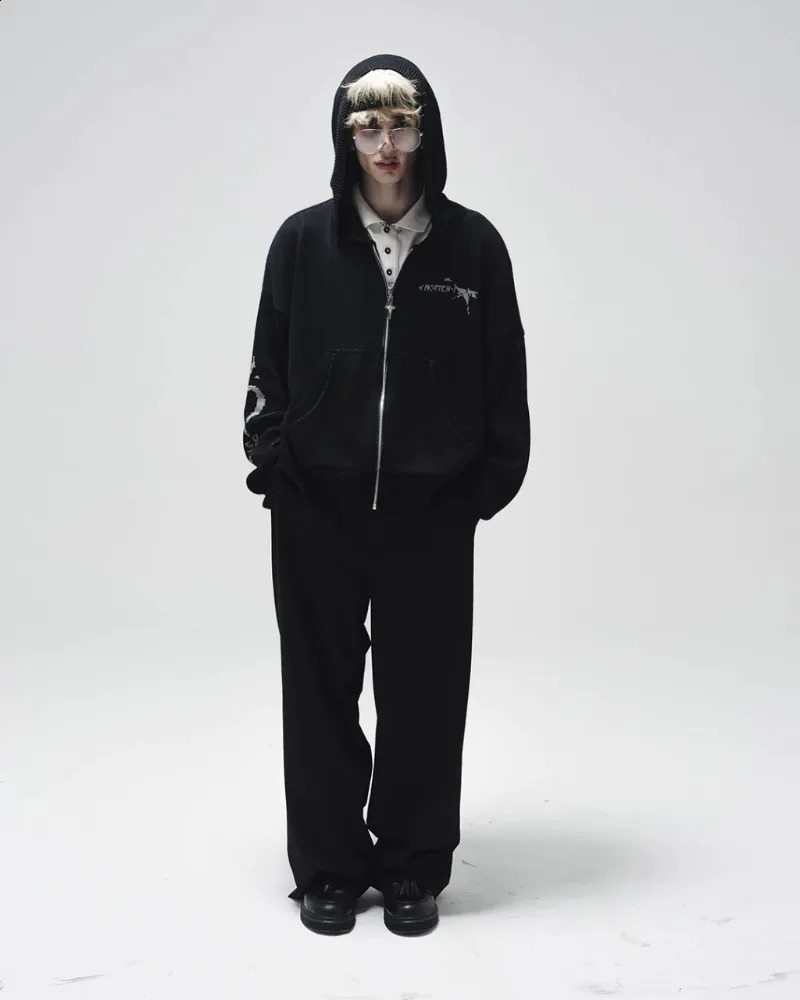 Slate Gray Knitted Zip Up Hoodie Men Y2K Retro Letter Embroider Hip Hop Baggy Casual Sweatshirt Gothic High Street Unisex 251018