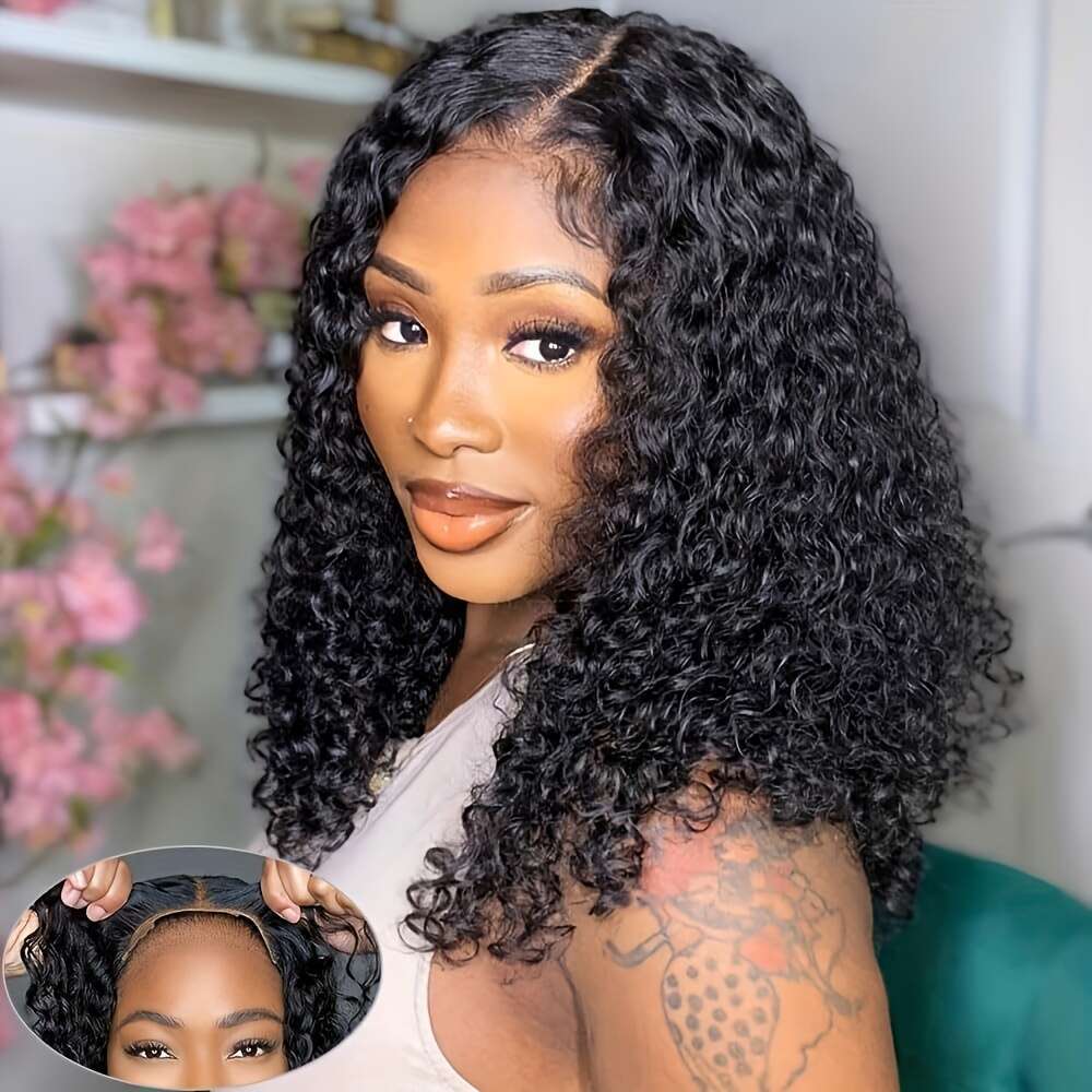 Throw On Go Wigs Human - Pre Plucked & Cut 4x4 HD Lace Closure Curly Wave Bob Wig No Glue Needed, Adjustable Anti-Slip Cap 150% Density Brazilian Virg