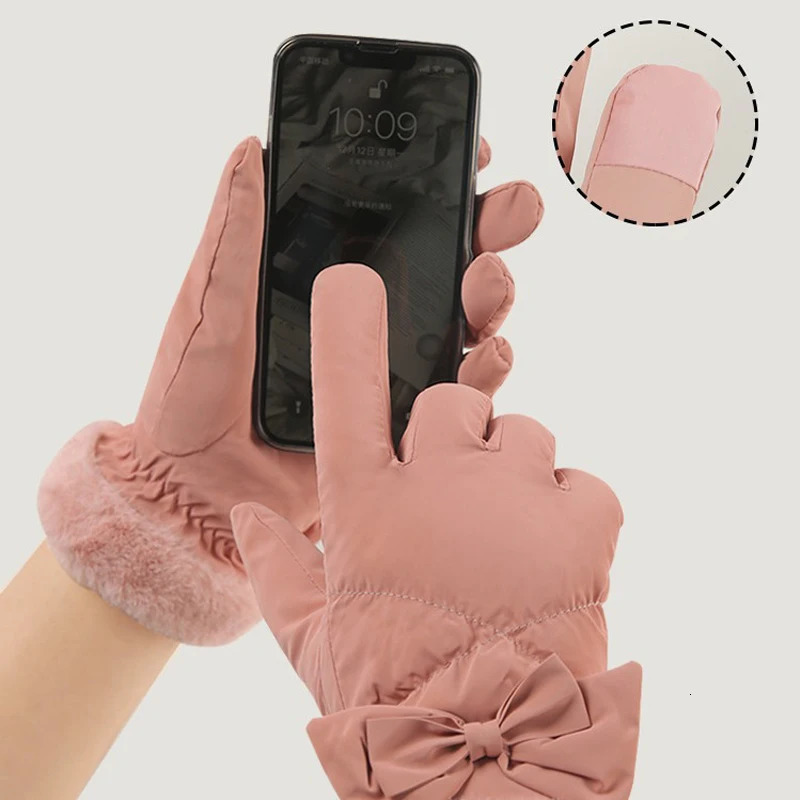 Womens Gloves Korean Bow Solid Color Fashionable Versatile Winter Warm Plush Thick Windproof Waterproof Cotton Gloves For Girl 251023