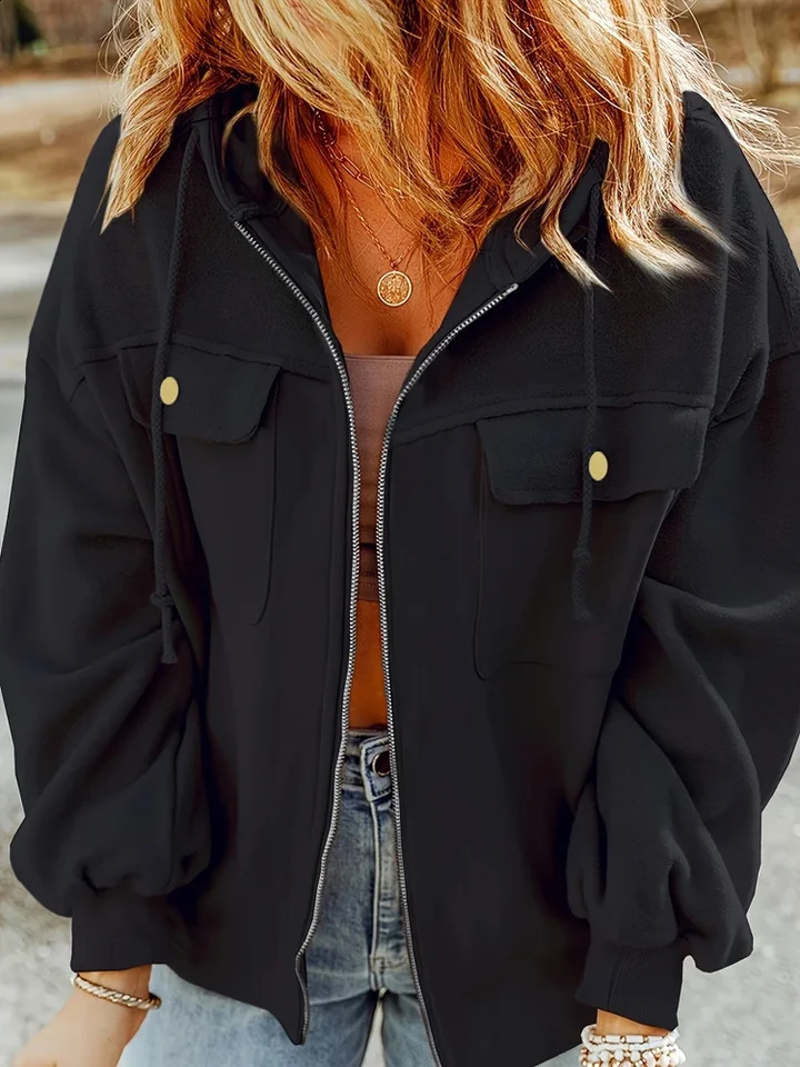 Plus Size Womens Hooded Jackets Casual Trendy Drawstring Long Sleeve Pockets Zip Up Coat Fall Winter Solid Color Fleece Jacket 251020