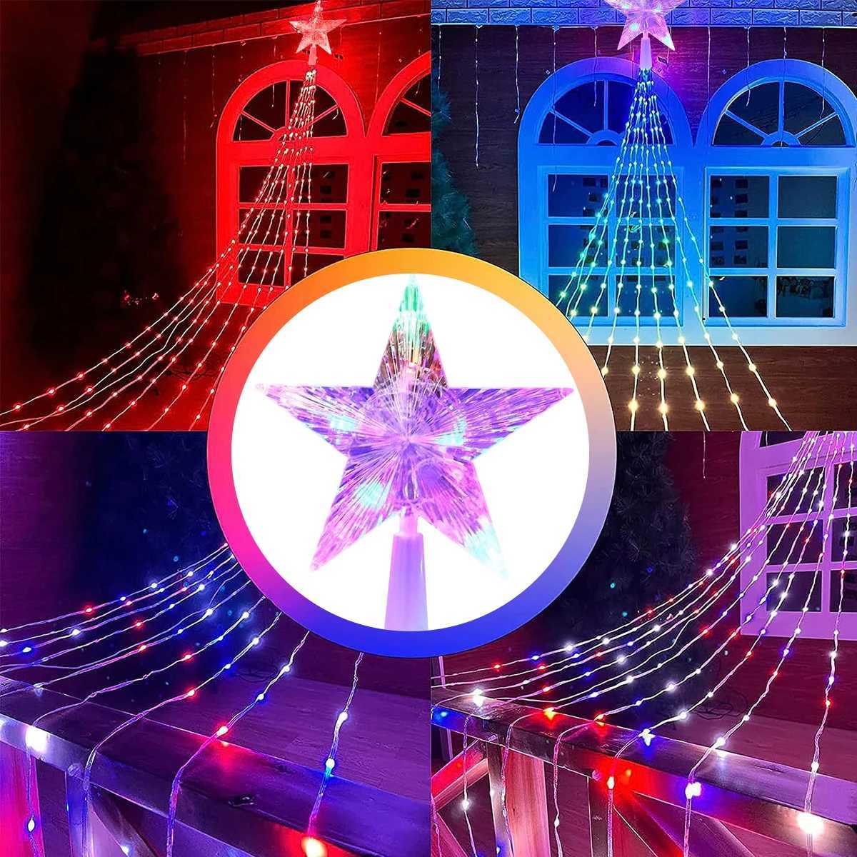 1PC Fivepointed Star Waterfall Lights USBSolar Powered Christmas String Lights for Christmas Party Halloween Home Decor C251024