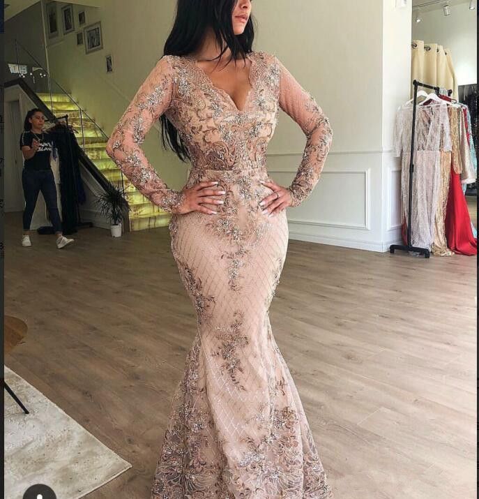 New Mermaid Prom Dresses Long Sleeve v Neck Lace Appliques Crystal Evening Modest Plus Size Formal Dress O24