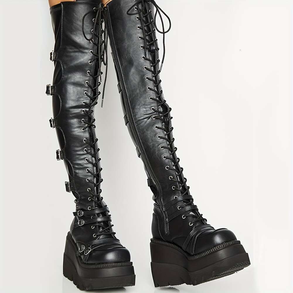Women's Goth Wedge High Heel Platform Long Thick Round Toe Lace Up Buckle Strap Pull On Over The Knee Fashionable Cosplay Halloween Party Coffee 