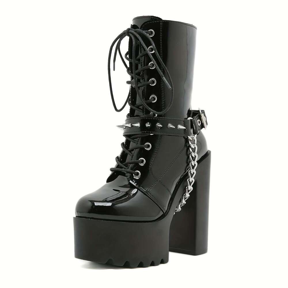 1Pair Halloween Punk Women's With Crisscross Straps, Chains, Rivets, Belt Buckles, Fashionable High-Heeled Boots For Nightclubs And Stages