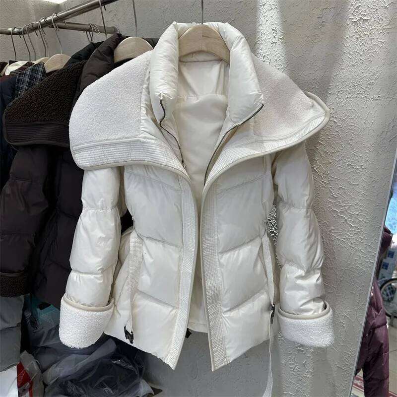 Lamb Wool Spliced Cotton Jacket With Belt Women's Autumn Winter Stand Collar Thick Short Outwear 2025 New Long Sleeved Warm Coat