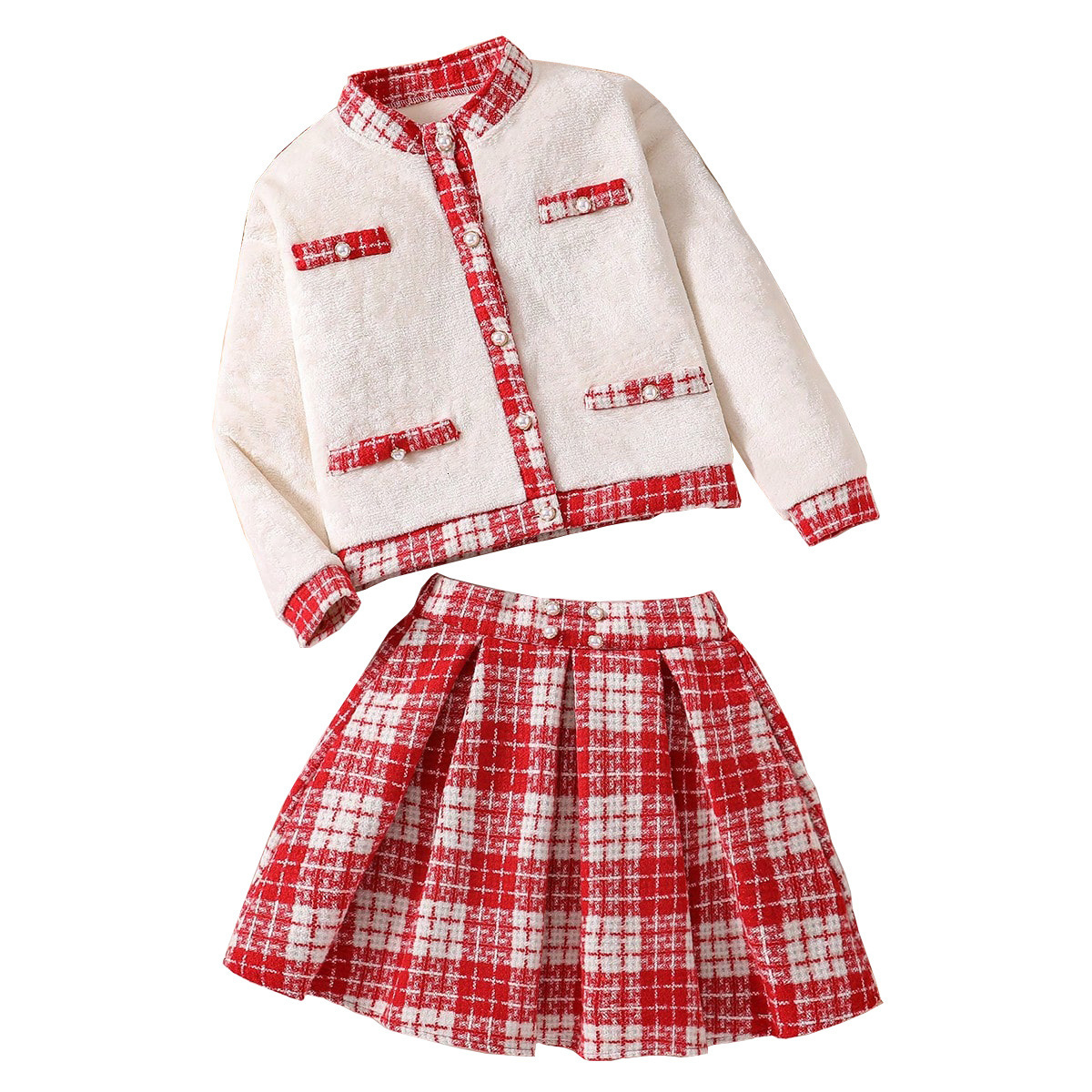 Girl designer fashion two-piece cross-border wholesale autumn and winter patch plaid jacket red pleated skirt set
