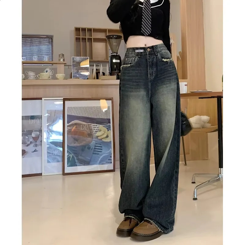 Womens Harajuku Style Loose Wide Leg Jeans Autumn Winter Street Fashion Retro Straight Loose Denim Trousers 251023