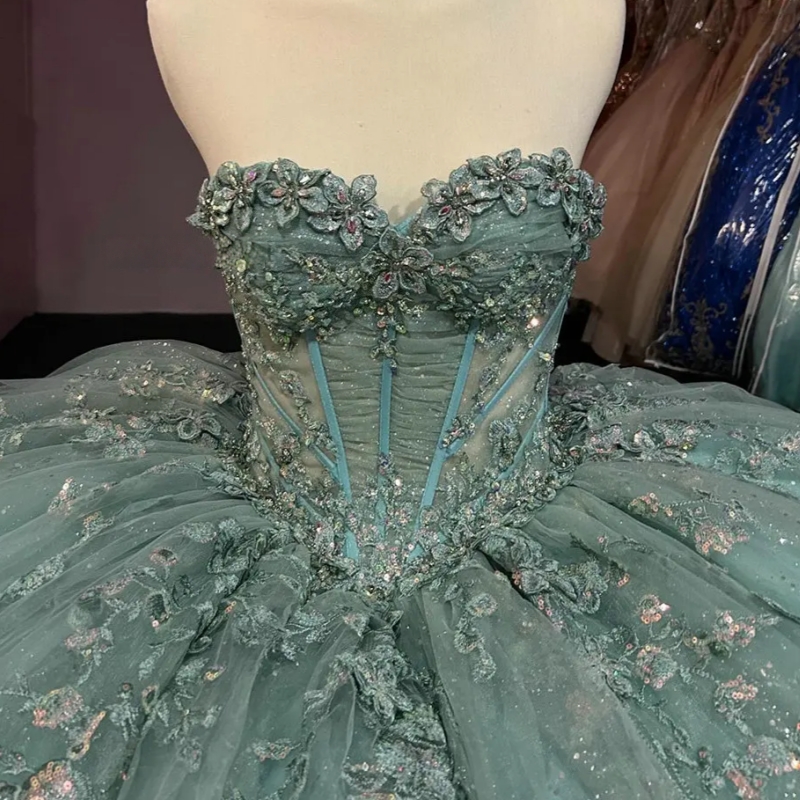 Mint Green Sweetheart Sleeveless Quinceanera Dresses Ball Gown Floral Appliques Lace Sweet 15 Anos Mexican