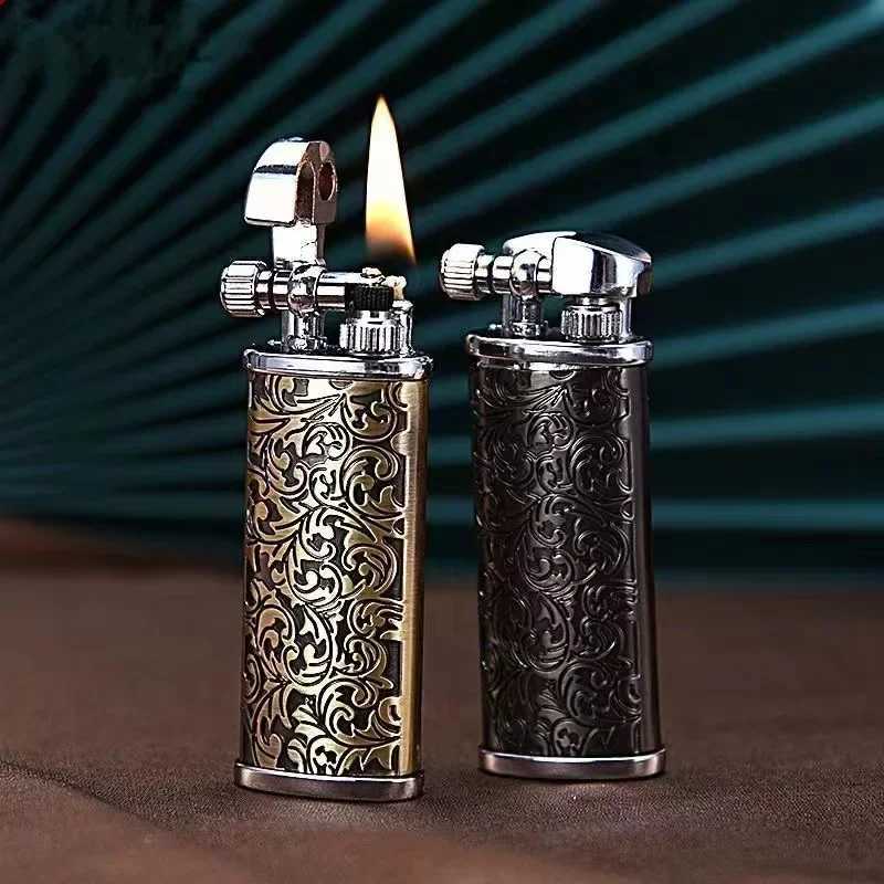 Vintage Engraved Pattern Flint Lighter Open Flame Metal Raised Arm Grinding Wheel Ignition Mens Gadgets D251024