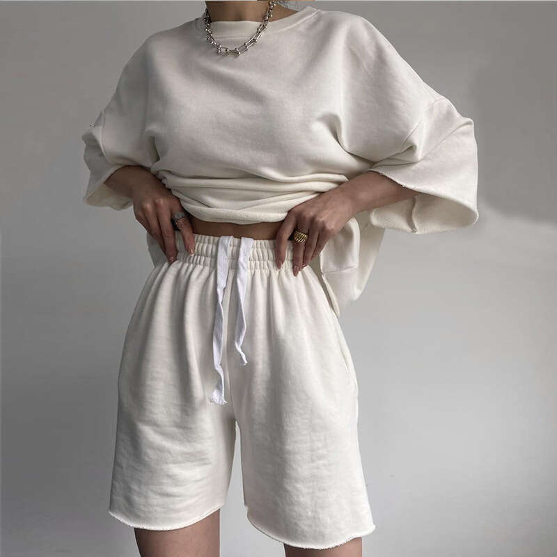 Street Style New Casual for Women: Half Round Neck Loose Short Sleeve Tie Shorts Two-Piece Set
