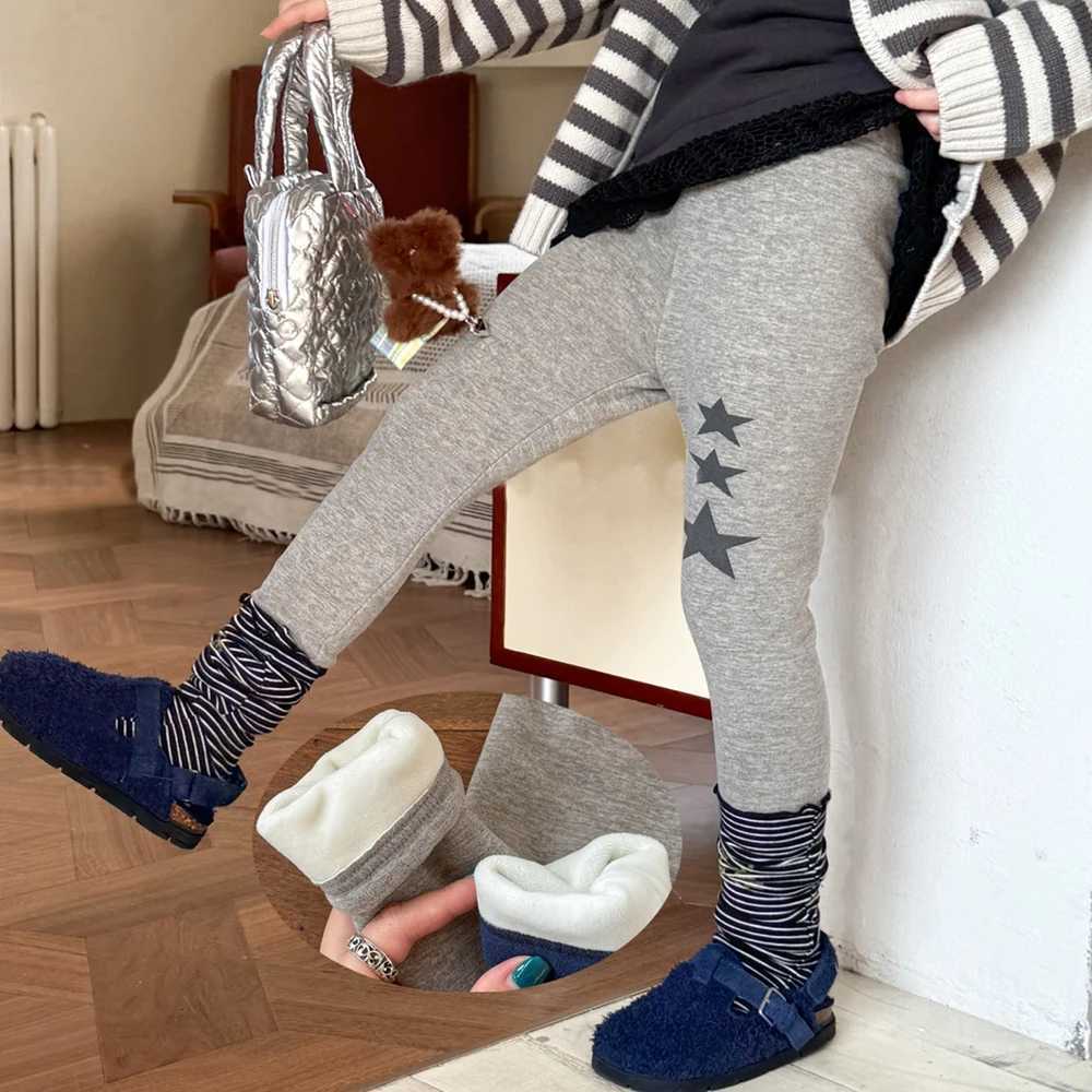 16Y Kids Star Print Warm Pants New Kids Clothes Girls Cotton Elastic Waist Fleece Lined Leggings Children Casual Bottoms OutfitT251024