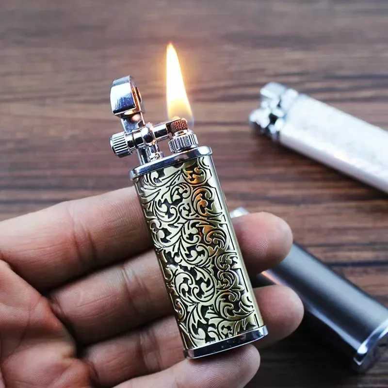Vintage Engraved Pattern Flint Lighter Open Flame Metal Raised Arm Grinding Wheel Ignition Mens Gadgets D251024