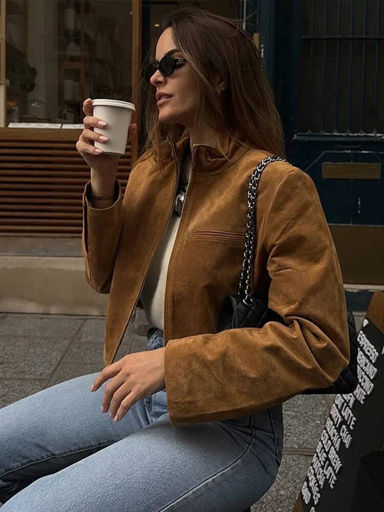 Stand Collar Suede Zipper Short Jackets Women Casual Slim Brown Long Sleeved Jacket Female Spring Chic Daily Style Outwear Tops dongdumaoyi
