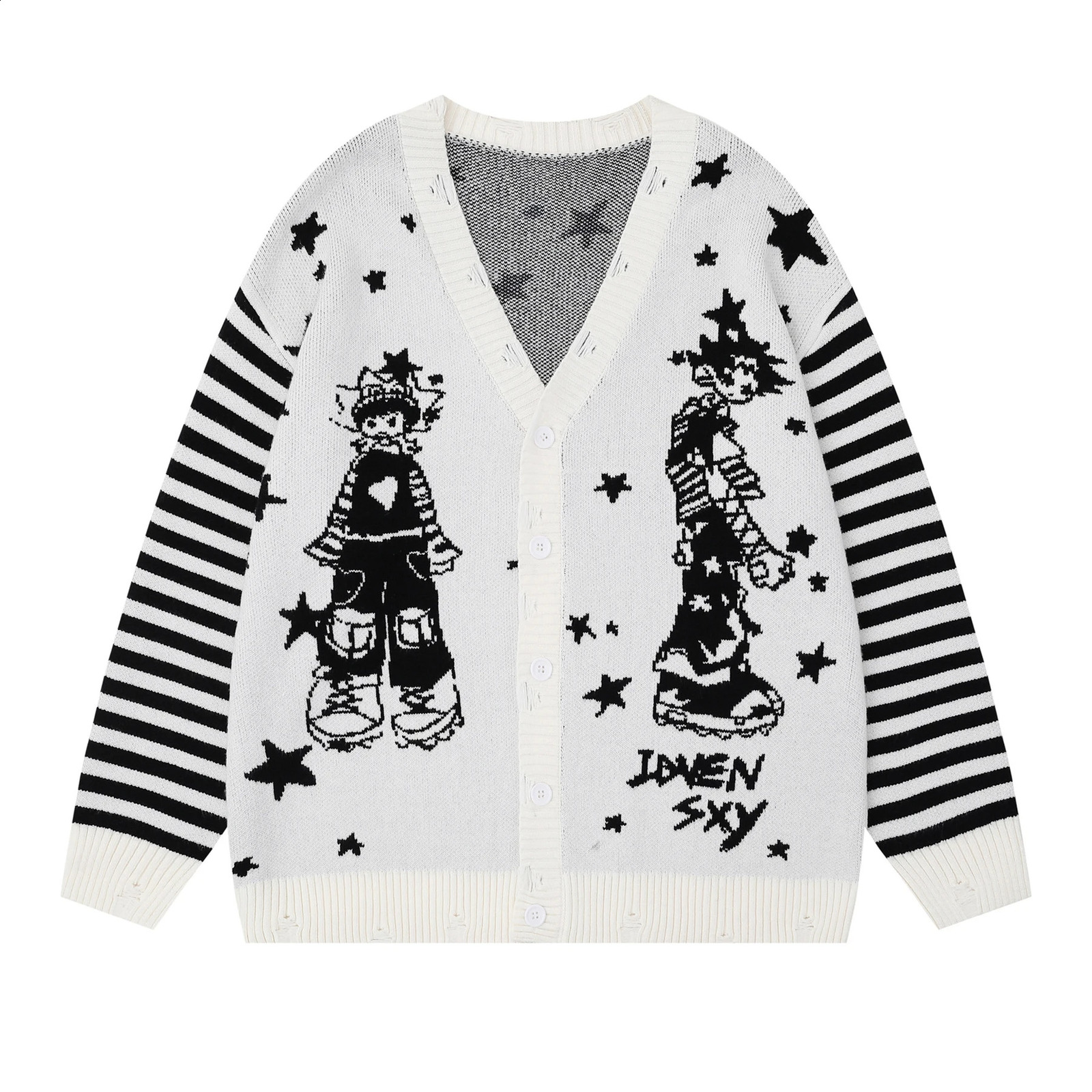 2025 Autumn Winter Harajuku Retro Anime Cartoon Jacquard V Neck Sweater Cardigan Casual Mens and Womens Knitted Jacket Coat 251015