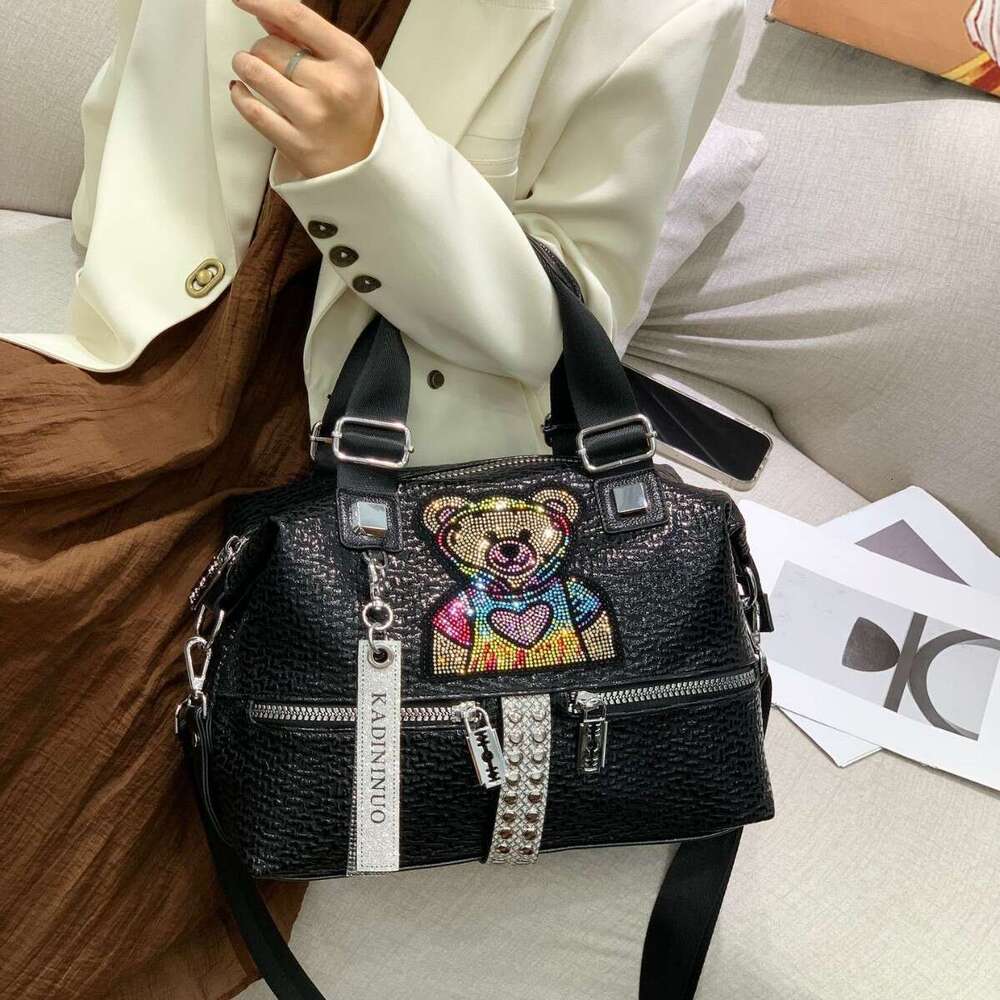 Women's 2025 New Single Shoulder Large Capacity Designer Bags Fashion Bear Rhinestone Versatile Casual Handbag Crossbody Tote Bag
