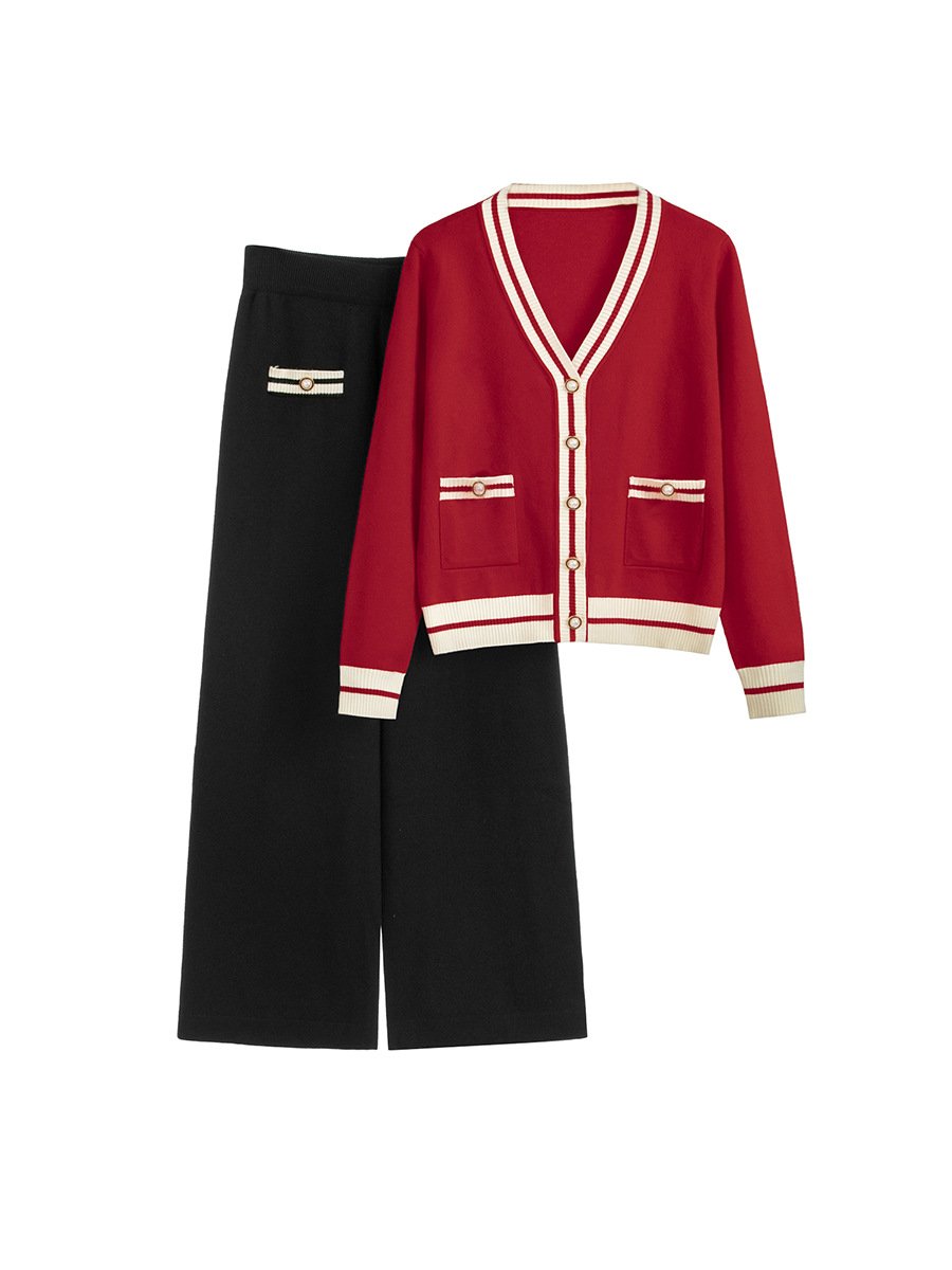 Designer Women's Sports Suit Winter Knitted Two-piece Set Women's Elegant V-neck Patch Sweater Pants Set Red High-quality Women's Casua