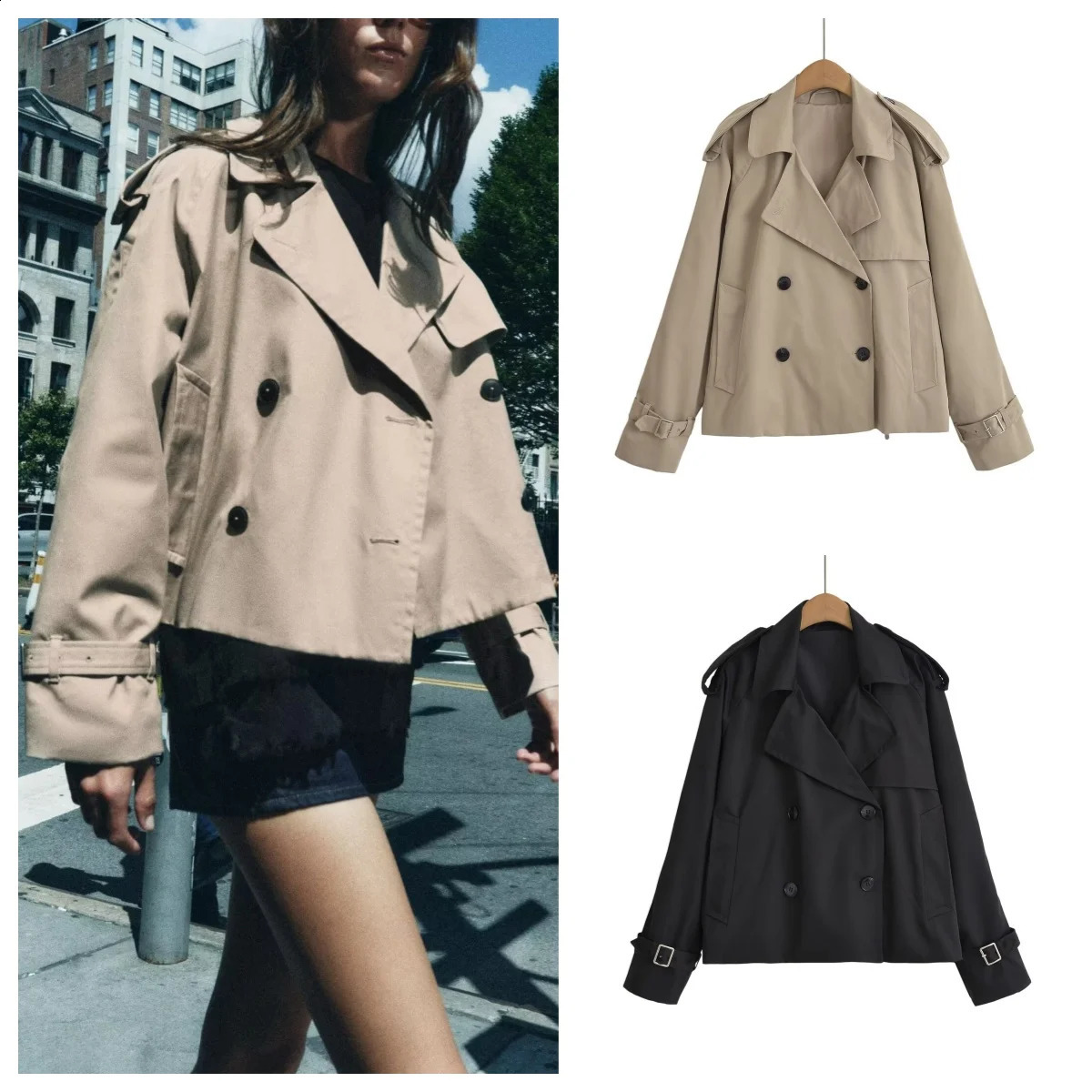European and American style autumn fashionable versatile doublebreasted short windbreaker jacket with lapel 251018