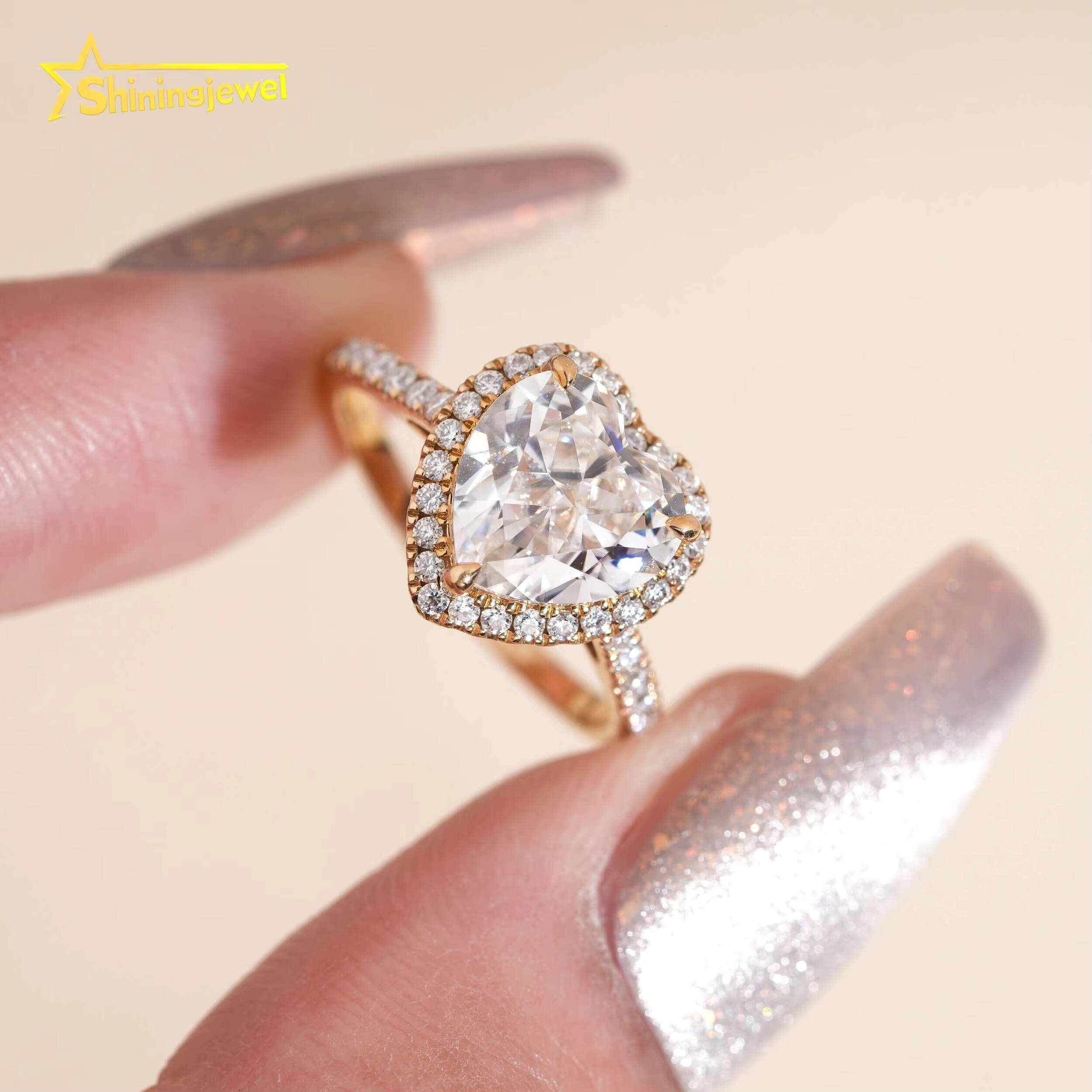 14K Solid Gold Heart Cut Cluster Half Band Paved Moissanite Lab Diamond Engagement Wedding Rings