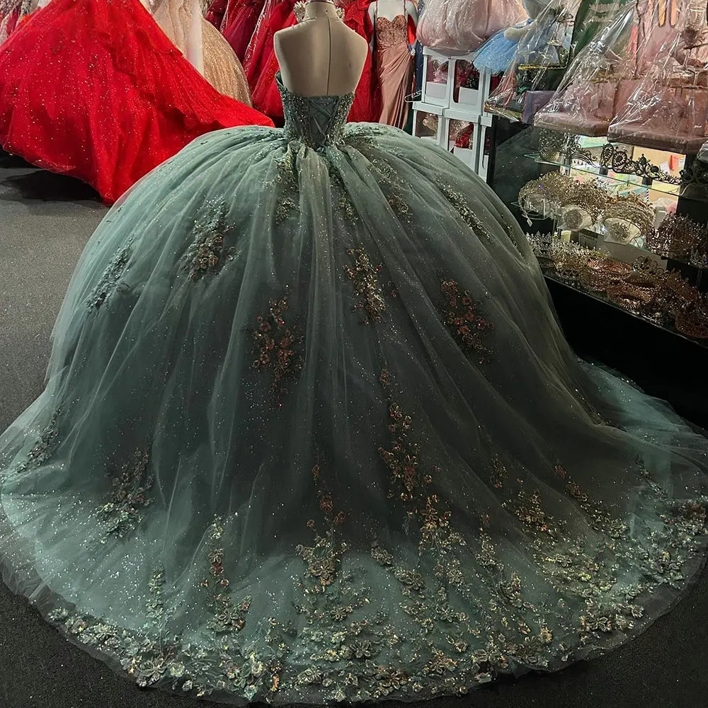 Mint Green Sweetheart Sleeveless Quinceanera Dresses Ball Gown Floral Appliques Lace Sweet 15 Anos Mexican