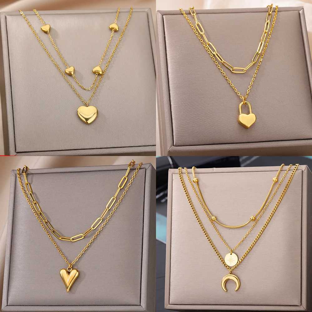 Multilayer Heart Necklaces For Women Stainl Steel Gold Color Evil Eye Pendant Chain Choker Necklace Wedding Jewerly GiftXJ251024