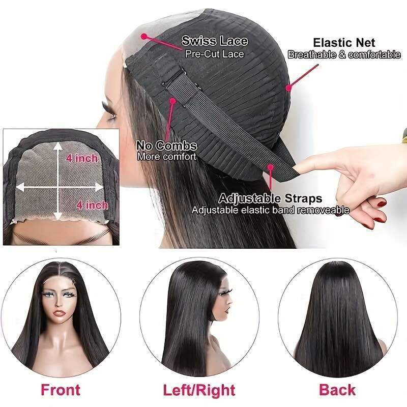 Human Hair Plucked 200% Density Pre Cut Lace Free Part Glueless and Go Wig HD Straight 4x4 wig human hair Real No Glue Ready to Wear Wigs for Women