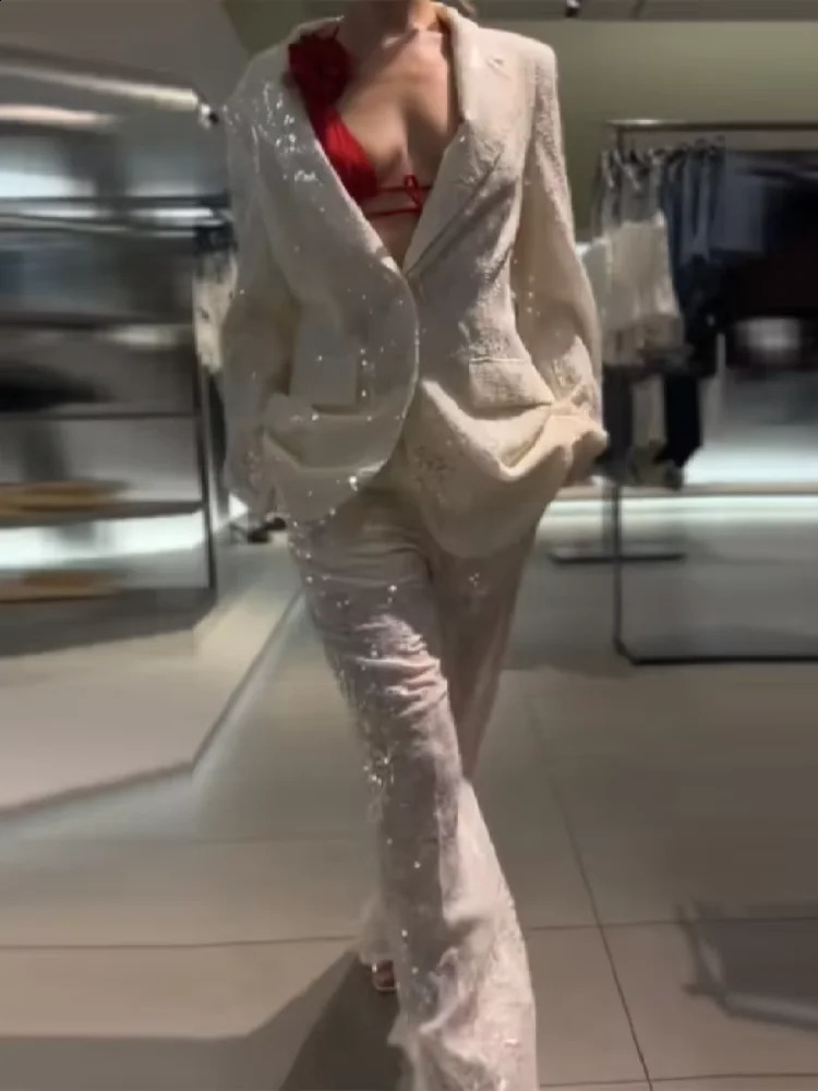 Women Suit Sequin Blazer Long Sleeve Laple Jacket Straight Perspective Trouser 2 Piece Pant Set Elegant Lady Office Outwear 251023