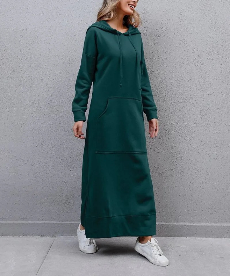 Hoodies Dress for Women Fashion Hem Laceup Midi Robe Hooded Long Vestidos Winter Warm Casual Loose Sweatshirt Dress 251023