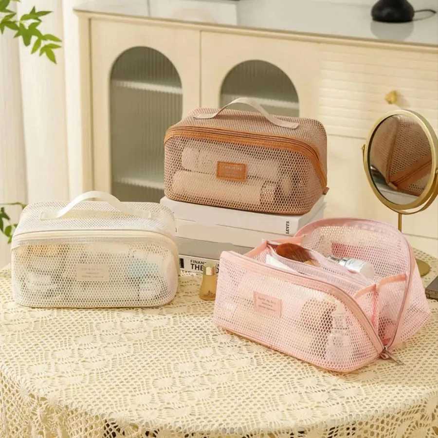 Large Capacity Mesh Handheld Makeup Bag Zipper Multilayer Transparent Mesh Cosmetic Bag Organizer Case SquareT251024
