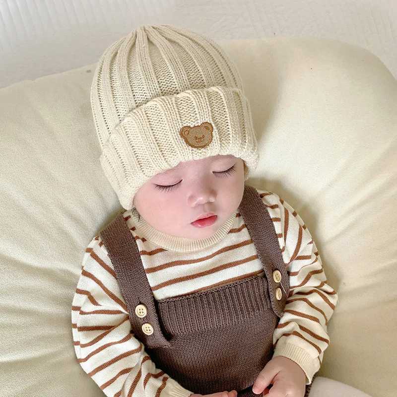 Cute Bear Baby Beanie Korean Toddler Knitted Hat Solid Color Winter Warm Woolen Crochet Bonnet 536 Months Boy Girl Skullies CapL251024