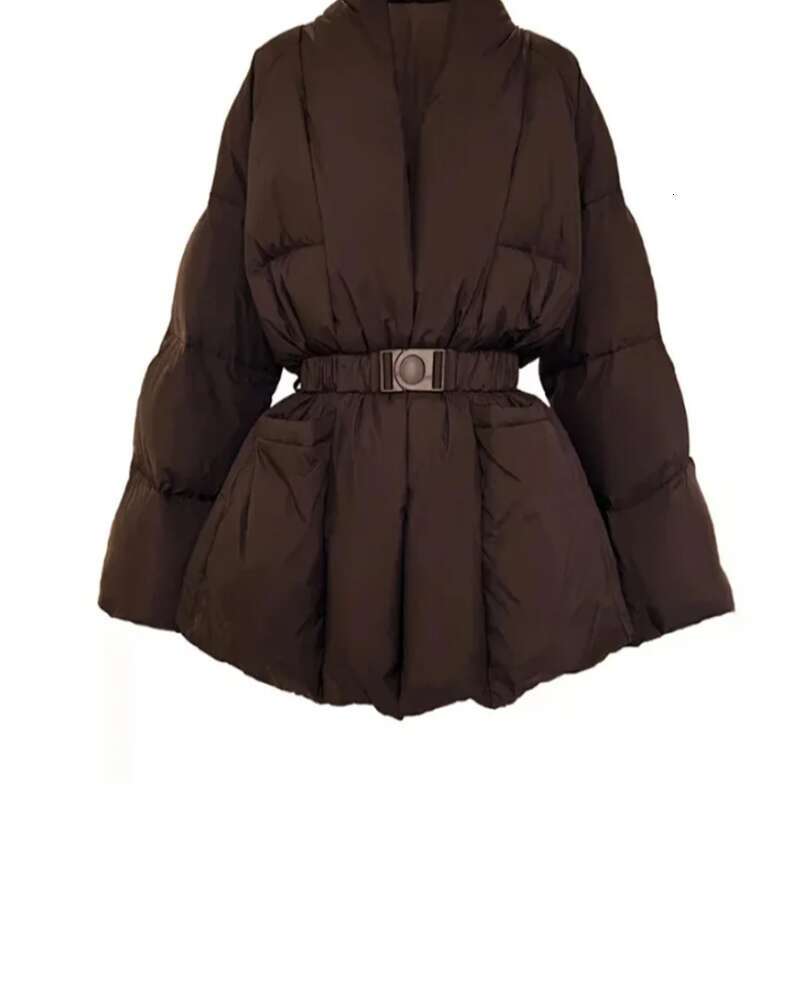 2025 Solid Spliced Belt Loose Jackets For Women V Neck Long Sleeve Temperament Parkas Female Fashion Style
