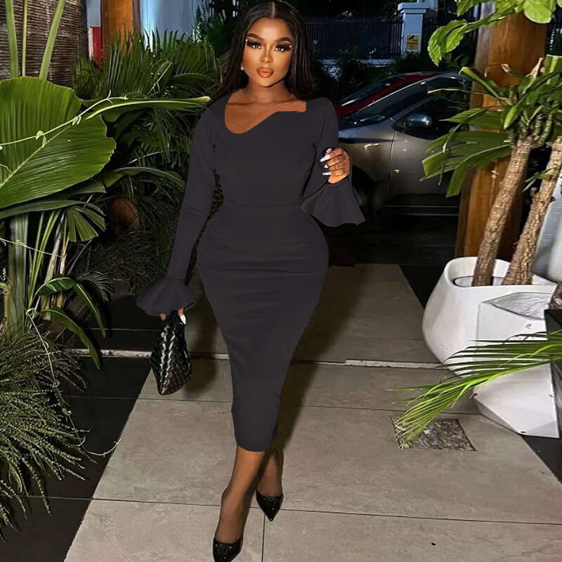 Round Neck Fashion Flared Long Sleeve Pullover Dress Solid Color Mid-Length Slit Irregular Skirt 2026 Style