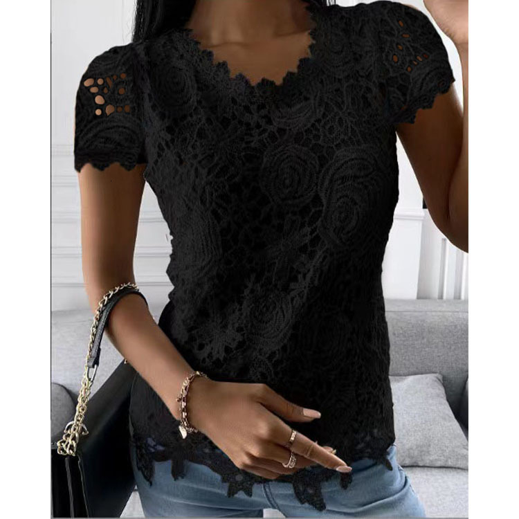 Summer New Women's Lace Blouse Short Sleeve Top
