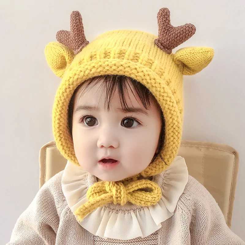 Cute Antler Baby Knitted Woolen Hat Winter Warm Infant Ear Protection Cap Cartoon Toddler Beanie 524M Kids Tie Headgear BonnetL251024