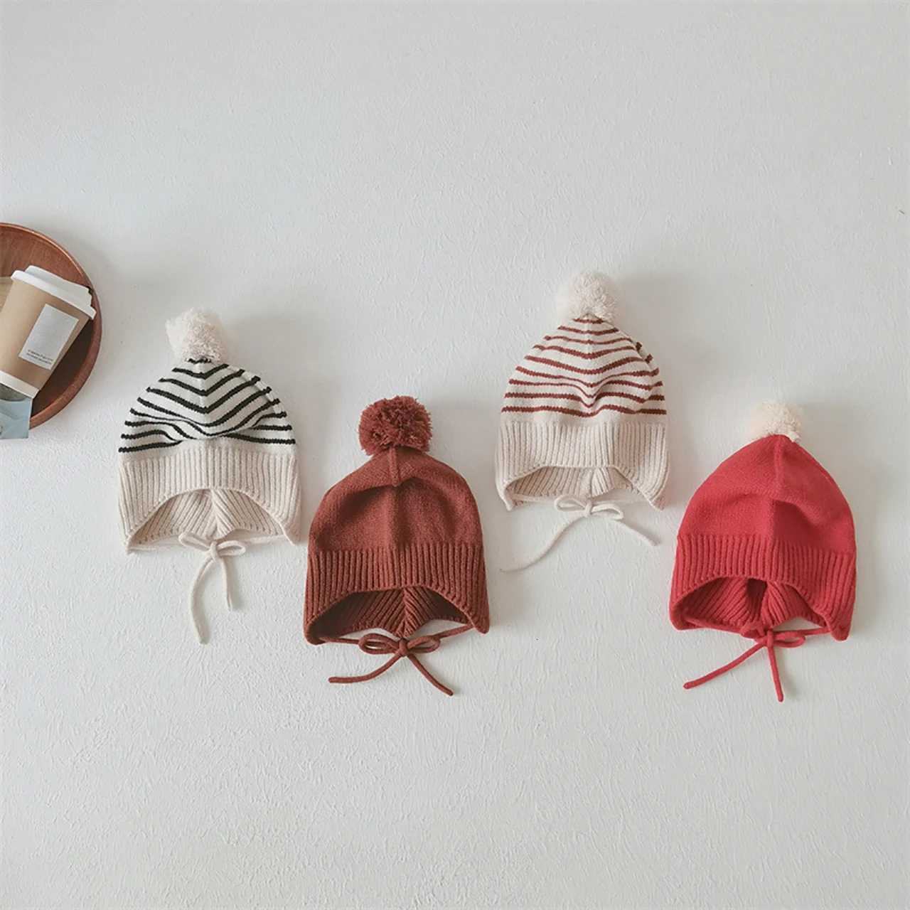 Fashion Striped Children Ear Protection Hat Solid Color Woolen Knit Hat 26Year Kids Winter Warm Pullover Cap Plush Ball BeaniesL251024
