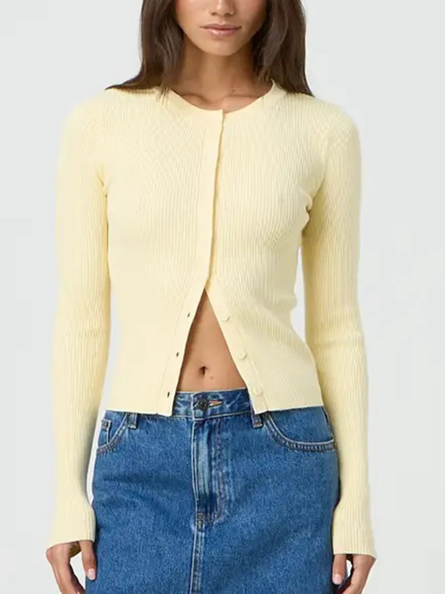 Womens Ribbed Cardigan Tops Spring Fall Solid Color Long Sleeve Round Neck Button Up Cropped Sweaters Female Casual Pullovers 251013